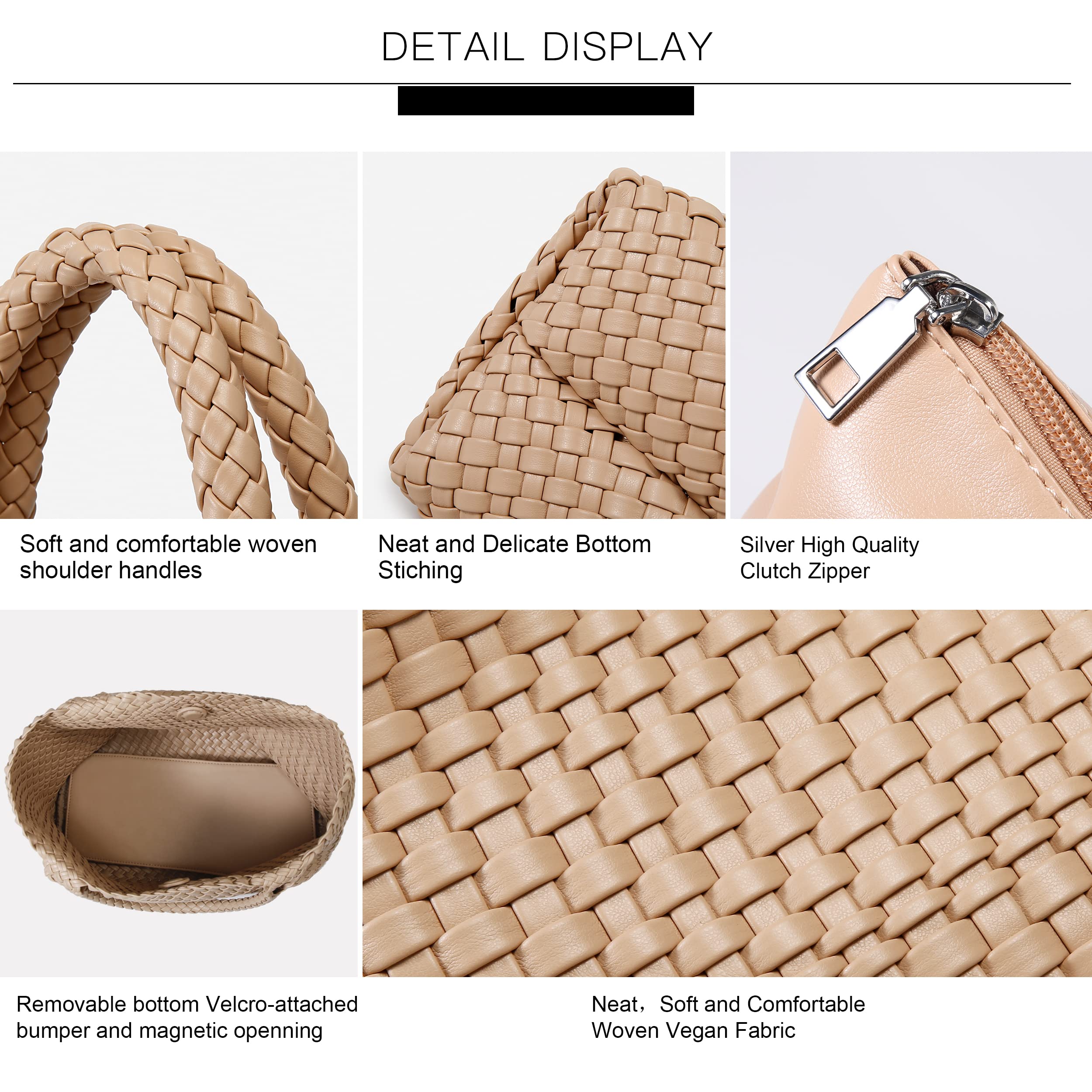 Woven Bag for Women, Fashion Top Handle Shoulder Bag Vegan Leather Shopper Bag Large Travel Tote Bag (Apricot)