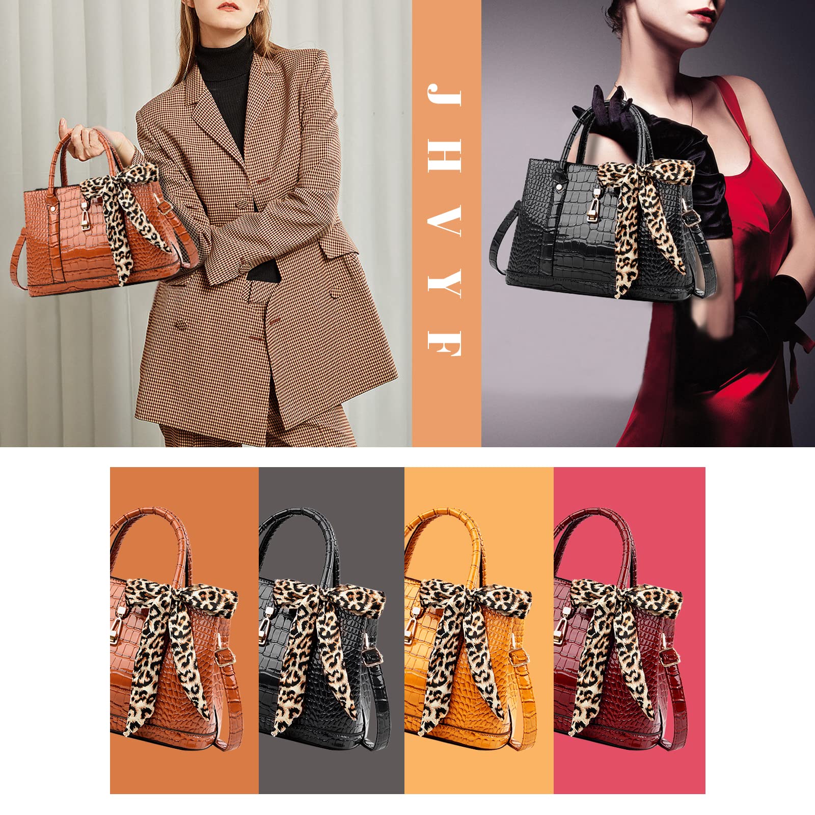 JHVYF Women Classic Shoulder Bag Lady Faux Patent Leather Tote Bags Retro Handbags With Leopard Print Ribbon Bow Crossbody Bag 3pcs Set Brown