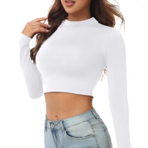 AUHEGN Women's Crop Topss Mock Turtleneck Long Sleeve Lightweight Base Layer Shirts White X-Large