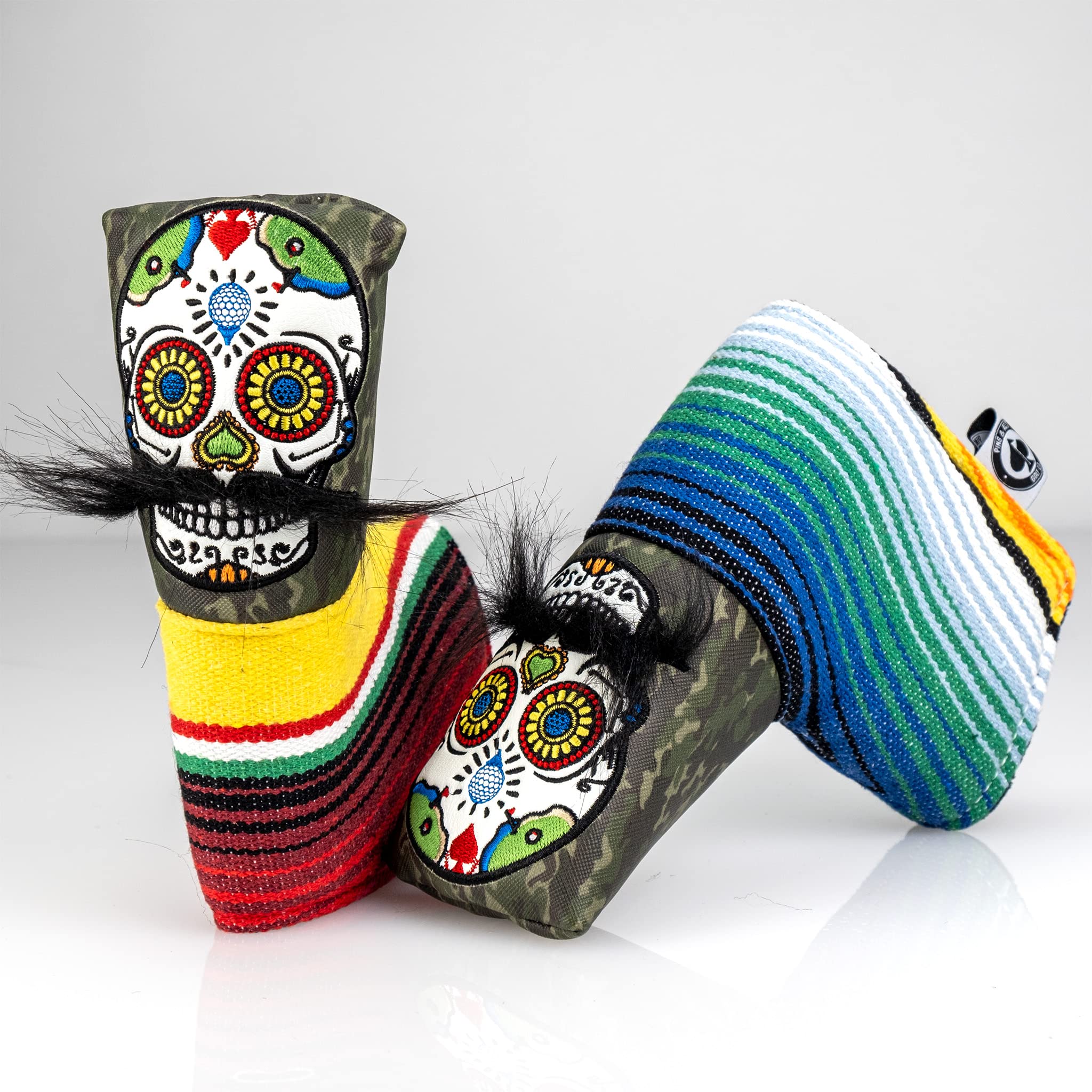 Pins & Aces LE Sugar Skull Mustache Blade Putter Head Cover - Premium, Hand-Made Leather Putter Headcover - Funny, Tour Quality Golf Club Cover - Style and Customize Your Golf Bag (Green Camo)