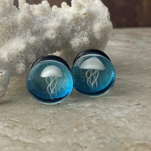 Mystic Metals Body Jewelry Pair of Blue Glass With White Jelly Fish Double Flare Plugs (PG-588) (0g (8mm))