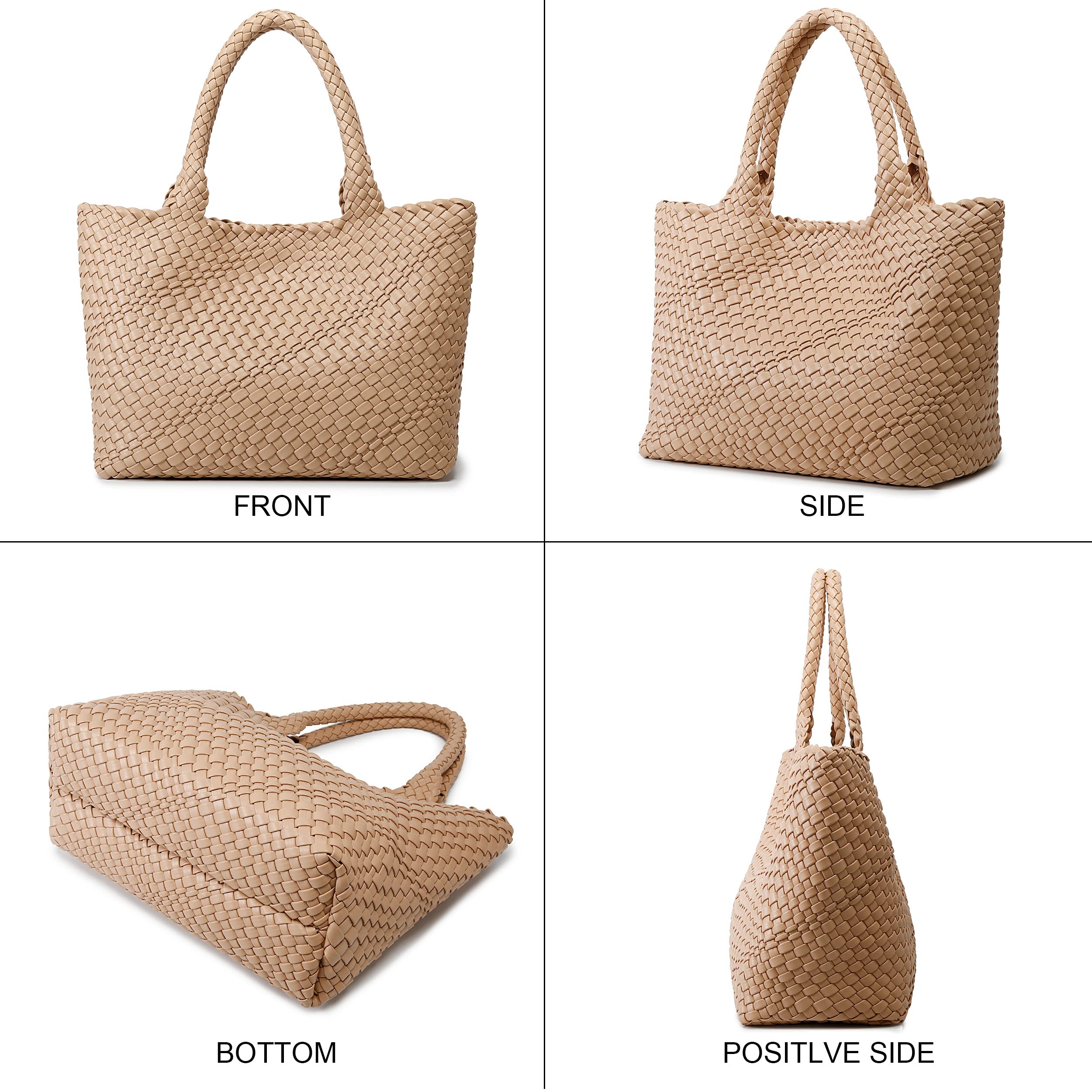 Woven Bag for Women, Fashion Top Handle Shoulder Bag Vegan Leather Shopper Bag Large Travel Tote Bag (Apricot)