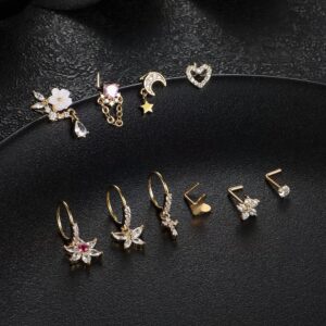 ZELORES 10 Pcs 20G Gold Nose Ring Studs for Women Stainless Steel L Shaped Dangle Nose Studs CZ Cross Butterfly Gold Dangle Nose Rings Hoops Set (Gold Tone)