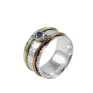 rainbow moonstone ring spinner ring 925 sterling silver ring meditation hammered spinning ring family silver jewelry (12.5)