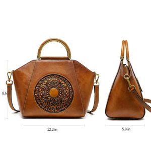 Ebesa Women Genuine Leather Handbags, Organizer Retro Vegetable Tanning leather bag Vintage Embossing Totem Shoulder Bag (orange brown)