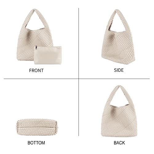 LMKIDS Women Vegan Leather Hand-Woven Tote Handbag Fashion Shoulder Top-handle Bag All-Match Underarm Bag with Purse (Beige)