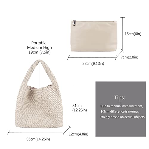 LMKIDS Women Vegan Leather Hand-Woven Tote Handbag Fashion Shoulder Top-handle Bag All-Match Underarm Bag with Purse (Beige)