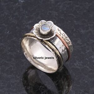 Rainbow moonstone spinner ring Flower Gemstone Spinning Spin ring Meditation Sterling silver ring jewelry Anxiety ring (7)