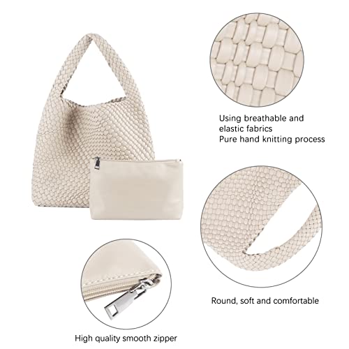 LMKIDS Women Vegan Leather Hand-Woven Tote Handbag Fashion Shoulder Top-handle Bag All-Match Underarm Bag with Purse (Beige)