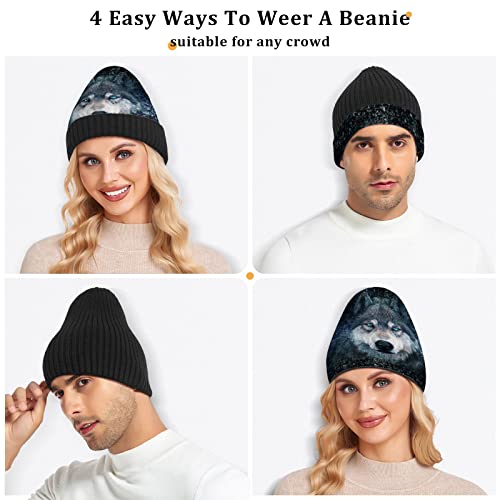 ALAZA Wolf on The Galaxy Beanie for Women Men Winter Hat Reversible Skull Cuffed Knit Cap Multi