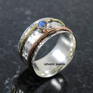 Rainbow moonstone ring Spinner ring 925 sterling silver ring Meditation Hammered Spinning ring family silver jewelry (12.5)