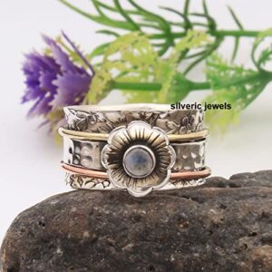 Rainbow moonstone spinner ring Flower Gemstone Spinning Spin ring Meditation Sterling silver ring jewelry Anxiety ring (7)