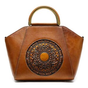 ebesa women genuine leather handbags, organizer retro vegetable tanning leather bag vintage embossing totem shoulder bag (orange brown)