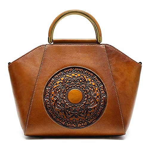 Ebesa Women Genuine Leather Handbags, Organizer Retro Vegetable Tanning leather bag Vintage Embossing Totem Shoulder Bag (orange brown)