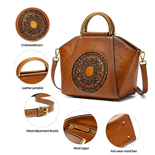 Ebesa Women Genuine Leather Handbags, Organizer Retro Vegetable Tanning leather bag Vintage Embossing Totem Shoulder Bag (orange brown)