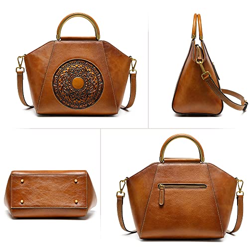 Ebesa Women Genuine Leather Handbags, Organizer Retro Vegetable Tanning leather bag Vintage Embossing Totem Shoulder Bag (orange brown)