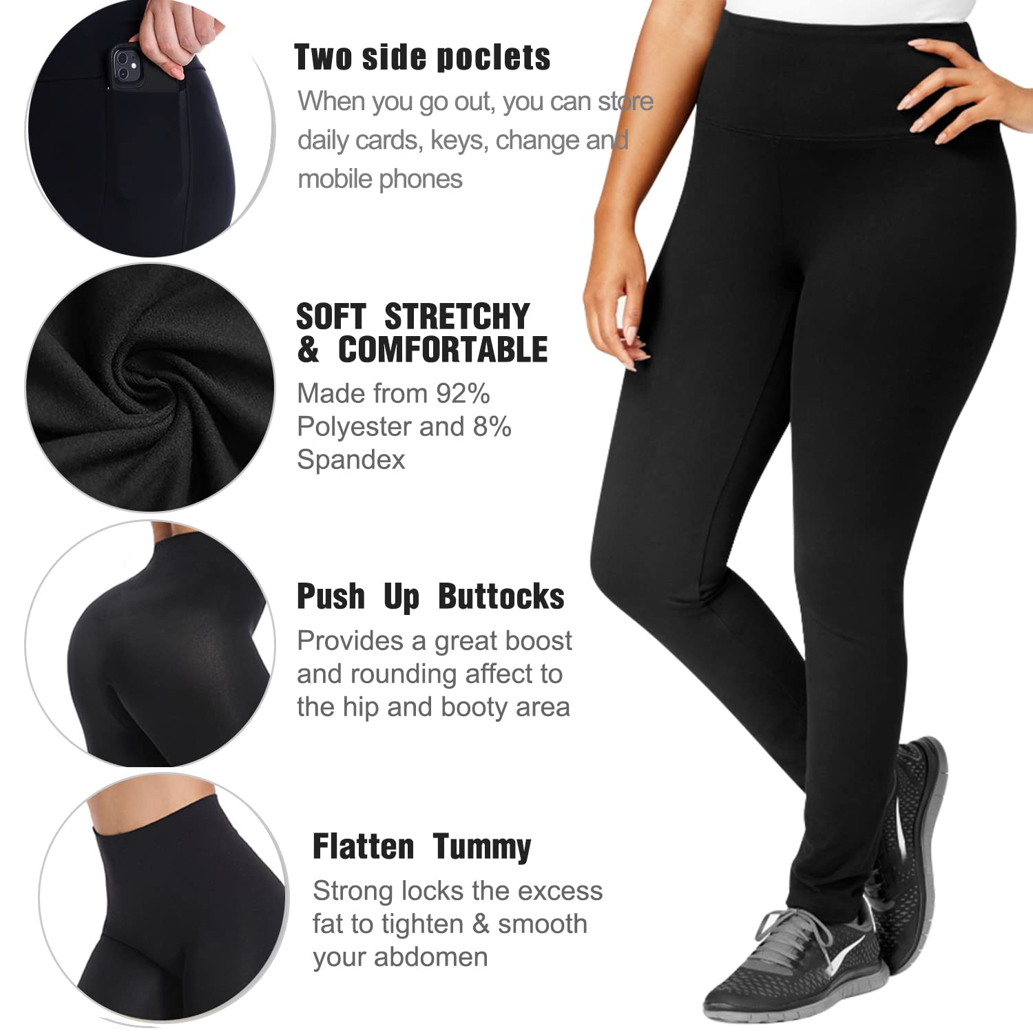 Hi Clasmix Plus Size Leggings for Women with Pockets 1X-4X-High Waisted Tummy Control Non See Through Super Soft Black Leggings Yoga Pants(2 Pack Black Pockets,XX-Large)