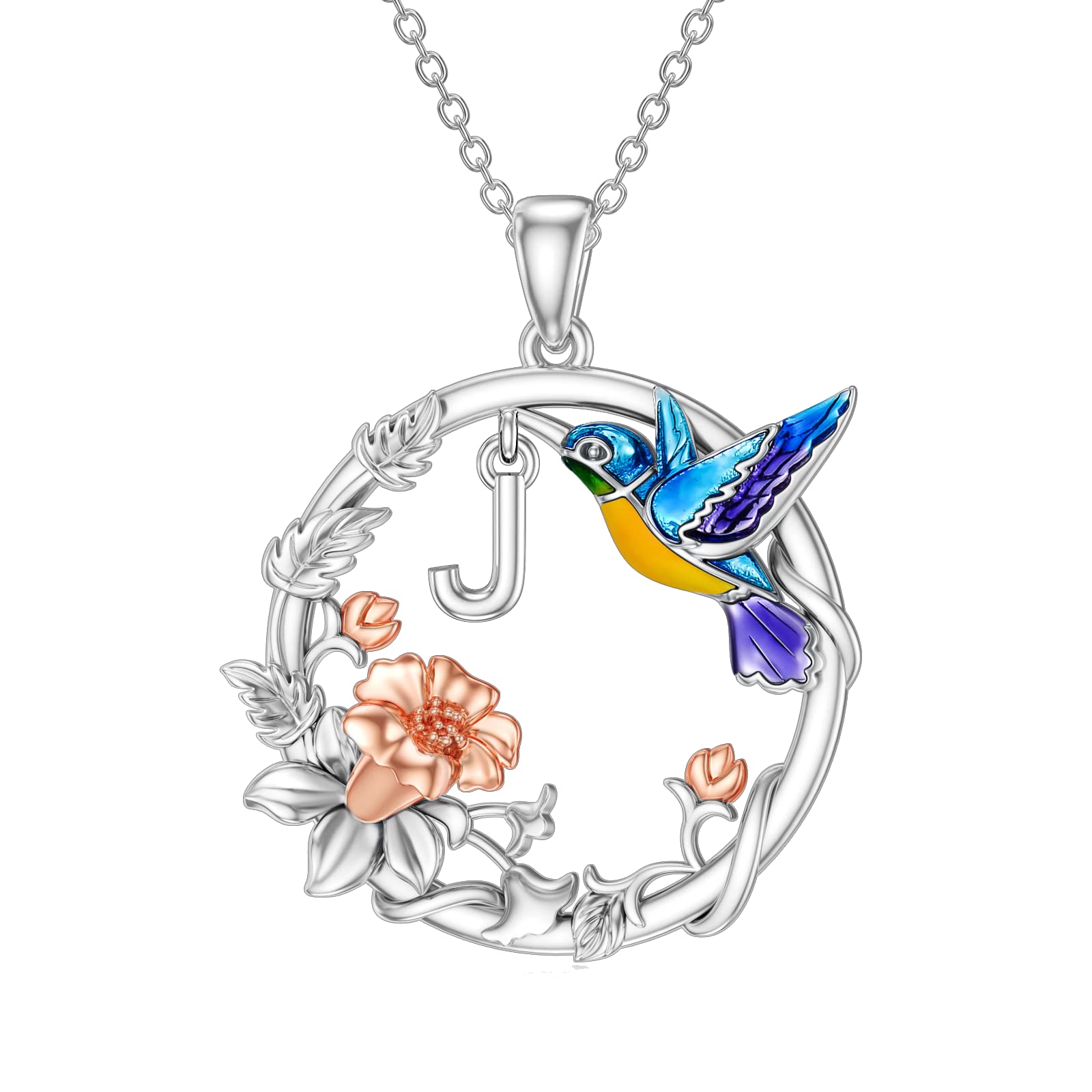 LONAGO Hummingbird Necklace with J Initial Letter Hummingbird Pendant Necklaces Sterling Silver A-Z 26 Alphabet Necklace Gift for Women (J)