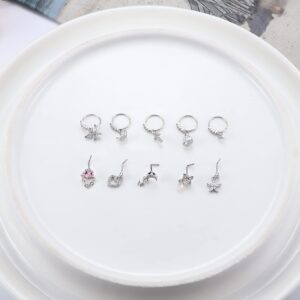 JOERICA 10 Pcs 20G Dangle Nose Rings Studs for Women 316L Stainless Steel L Shaped Nose Studs Heart Butterfly Moon Star Snowflake CZ Dangle Nose Rings Dangling Nose Piercing Jewelry