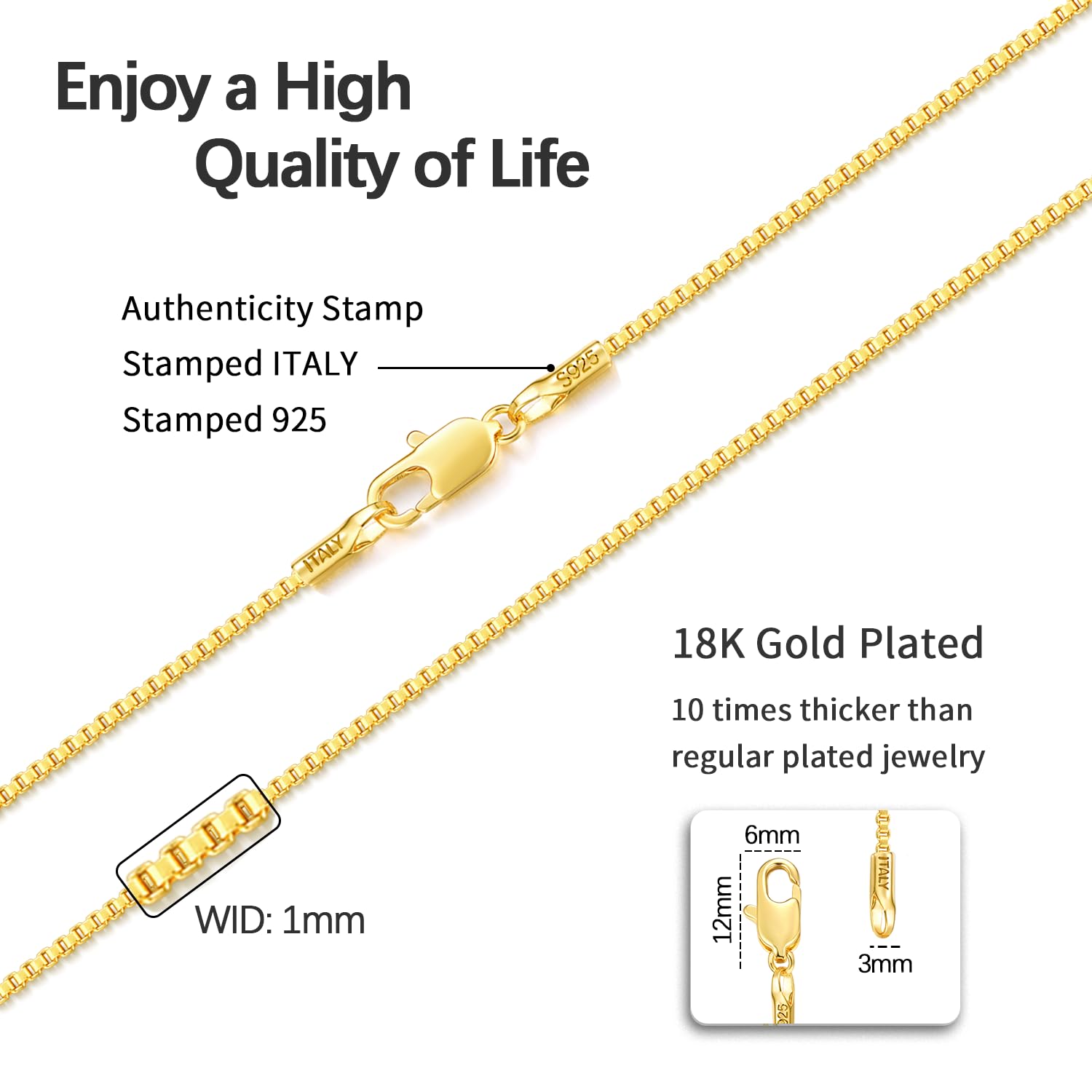 Jewlpire 18k Over Gold Chain Necklace for Women, 1mm Box Chain Necklaces Gold Chain for Women Shiny & Sturdy Women's Chain Necklaces, 18 Inches