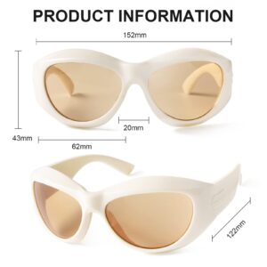 PEGH Wrap Around Sunglasses Y2K Fashion Oversized Oval Sunglasses for Men Women Trendy (Beige Frame Yellow Lens)