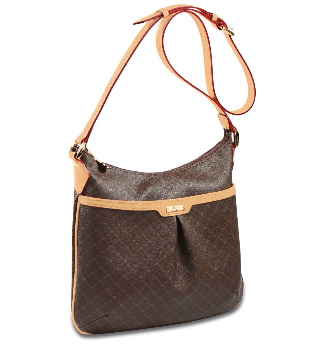 Rioni ST-20294 Livvy THE HOBO MESSENGER SIgnature Brown Canvas Leather Handbag Crossbody