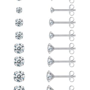 Earrings for Women, 8 Pairs Stud Earrings Set for Men, COMOSO 18K White Gold Plated S925 Sterling Silver Cubic Zirconia Earrings Studs 3-6mm, Birthday Christmas Gift