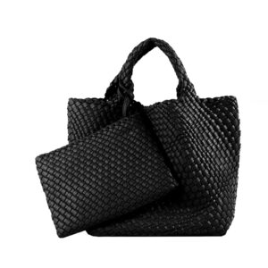 woven tote bag, women macaron soft leather weave handbag purse wrist bag large capacity work shopping travel daily (black)