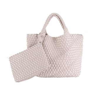 woven tote bag, women macaron soft leather weave handbag purse wrist bag large capacity work shopping travel daily (beige)