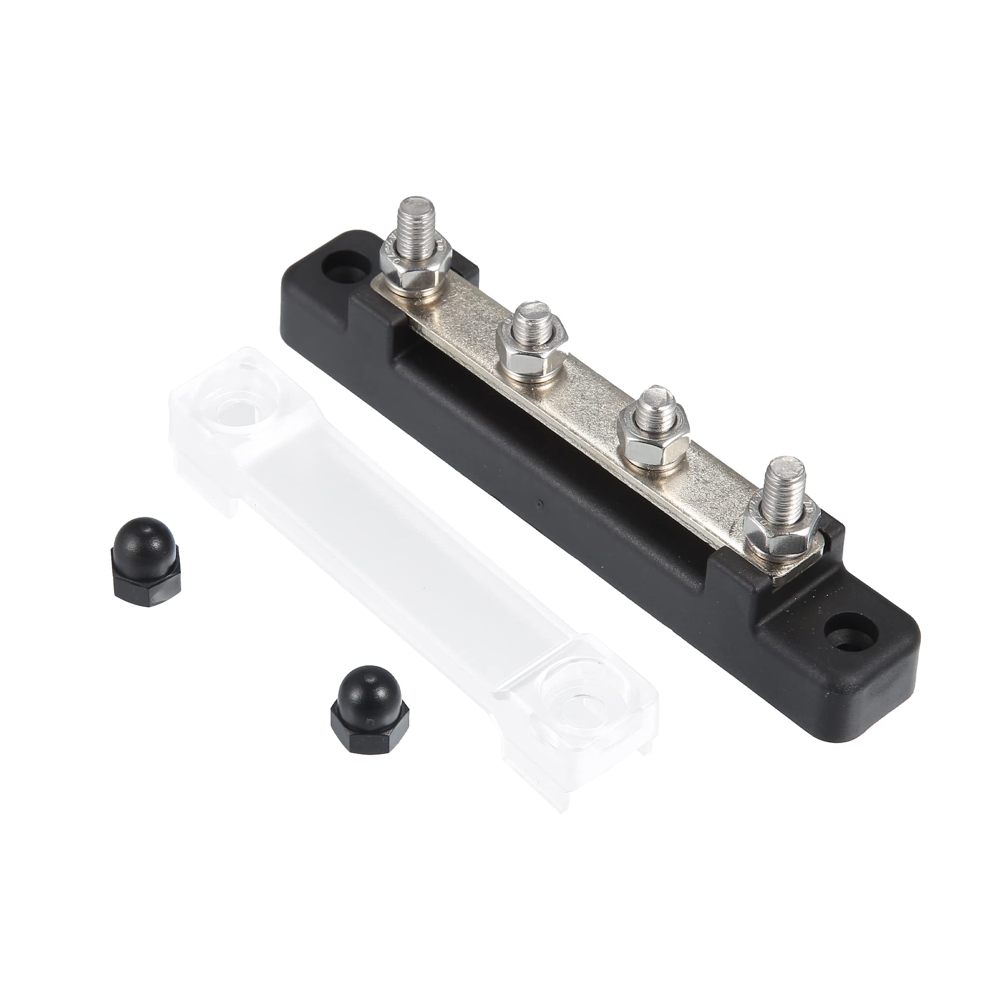 X AUTOHAUX 4 Way 1/4"-4 Studs Ground Bus Bar Ground Ground Power Distribution Terminal Block Battery Bus Bar 150A Bus Bar Block with Cover for Auto Marine Car