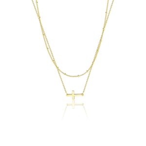 Pancert Dainty Cross Necklaces for Women 14k Gold Plated Necklace Sideways Cross Faith Pendant Chain Necklace Double Layered Satellite Choker Necklace Simple Tiny Necklace for Jewelry Gift