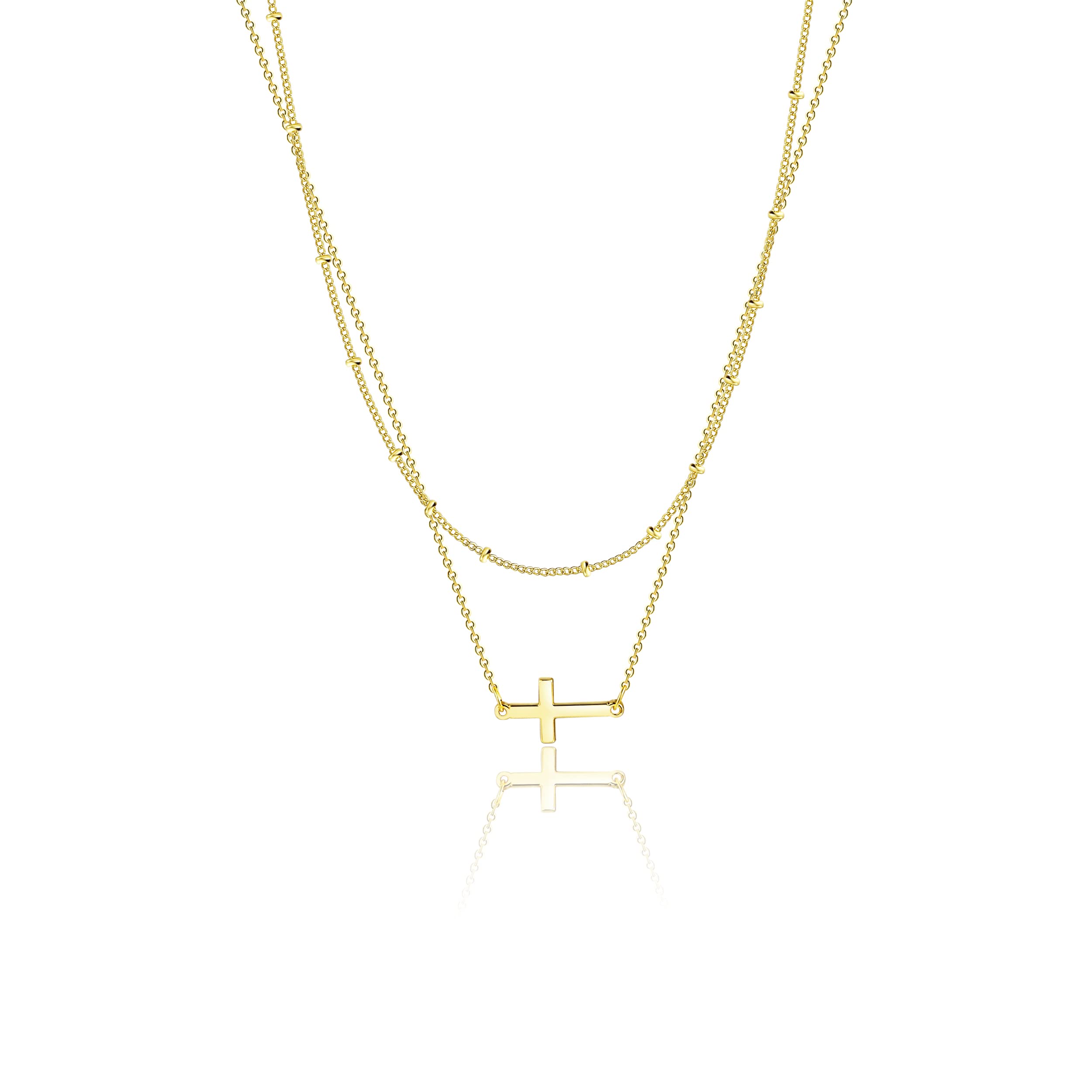 Pancert Dainty Cross Necklaces for Women 14k Gold Plated Necklace Sideways Cross Faith Pendant Chain Necklace Double Layered Satellite Choker Necklace Simple Tiny Necklace for Jewelry Gift