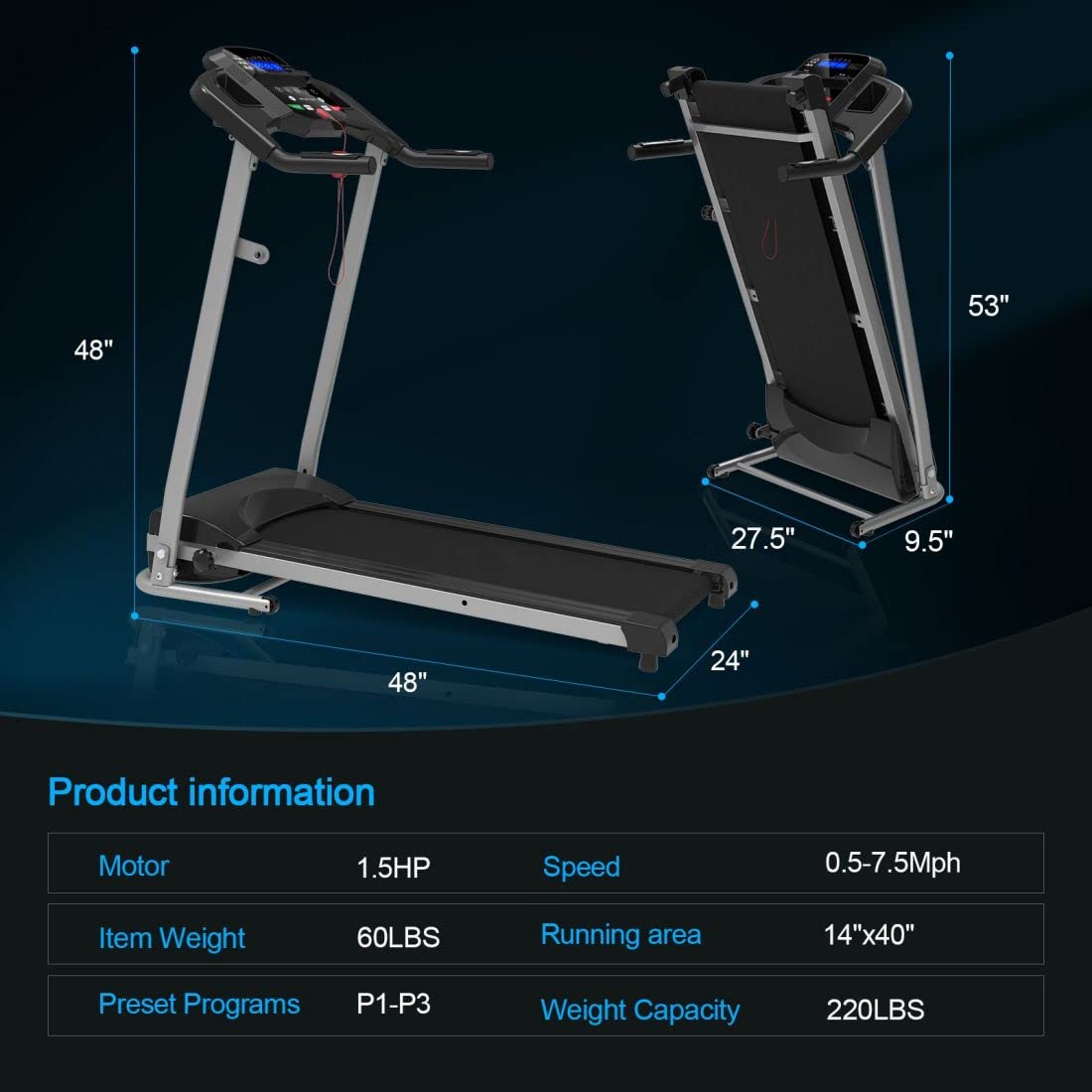 Treadmill with Incline, 2.5HP Foldable Treadmill for Home Office Small Space Portable Walking Treadmill 265 Lbs with 15 Preset PROG, LED Display, Speaker and Cup Holder