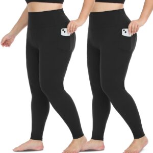 Hi Clasmix Plus Size Leggings for Women with Pockets 1X-4X-High Waisted Tummy Control Non See Through Super Soft Black Leggings Yoga Pants(2 Pack Black Pockets,XX-Large)