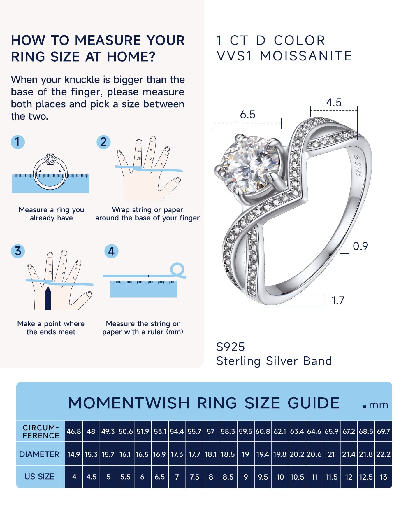 MomentWish Engagement Rings for Women, 1Carat Moissanite Promise rings, D Color VVS1 Simulated Diamond 925 Sterling Silver Accent Rings-Size7