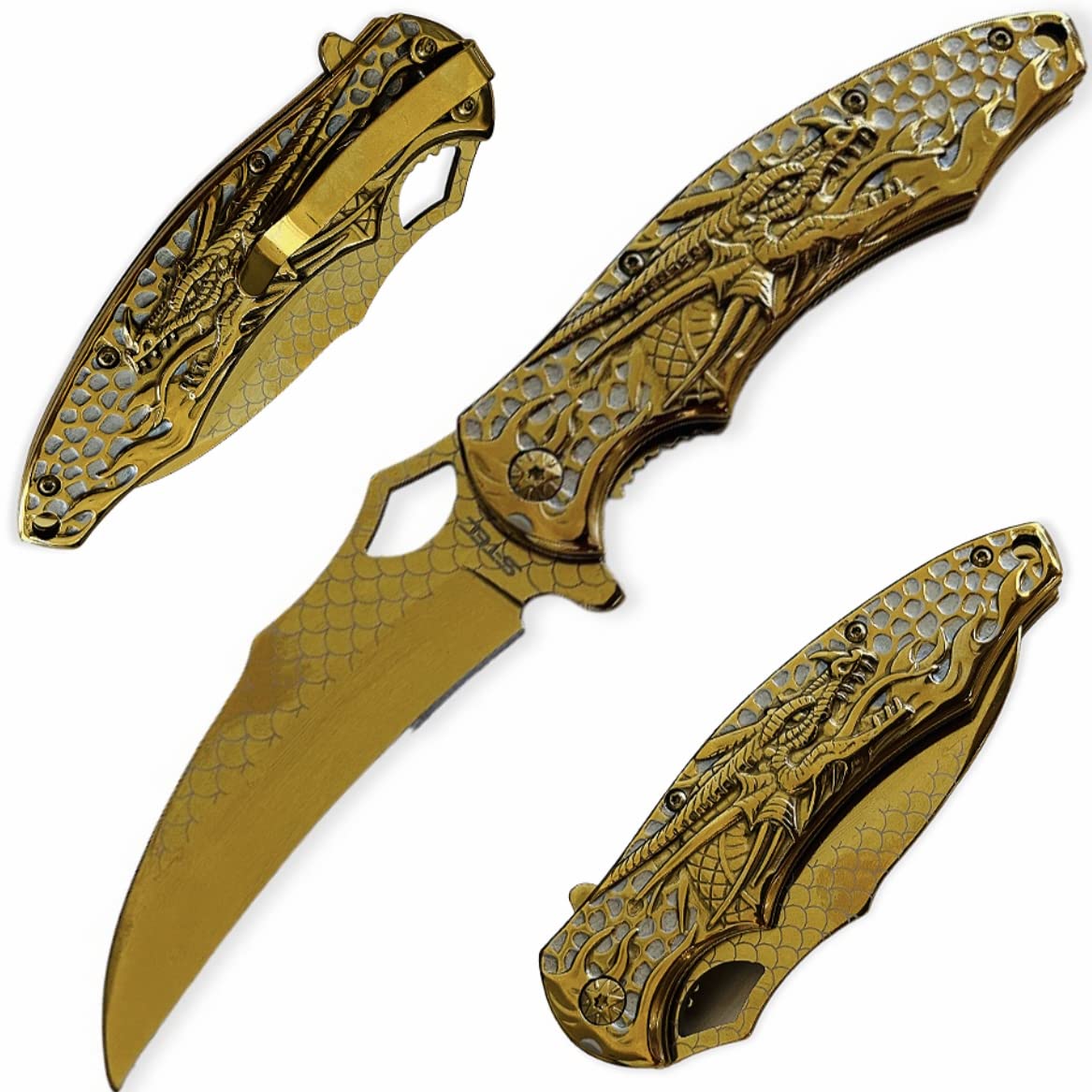 BladeDealUSA Dragon Design Assisted Open Folding Pocket Knife, Dragon Skin Blade, Gold Color, Hunting, Camping Accessories