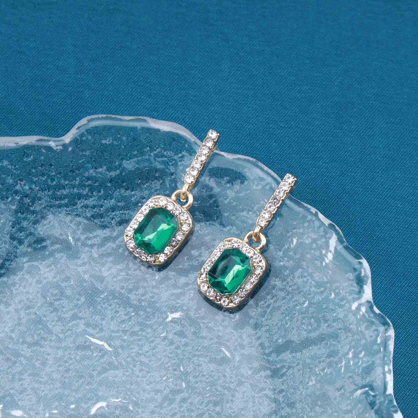 Yheakne Vintage Emerald Dangle Earrings Emerald Green Crystal Earrings Gold Emerald Earrings French Cubic Green Drop Earrings Jewelry for Women and Girls