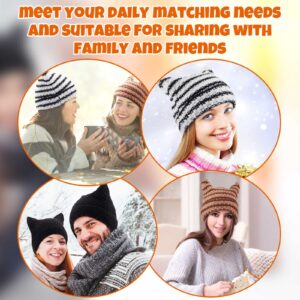 Hercicy 3 Pcs Women Knitted Cat Beanie Stripe Winter Warm Cap with Devil Horn Grunge Accessories Slouchy Hat Crochet Beanie with Ears (Classic Colors)