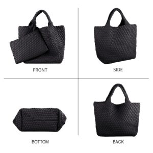 Woven Tote Bag, Women Macaron Soft Leather Weave Handbag Purse Wrist Bag Large Capacity Work Shopping Travel Daily (Black)