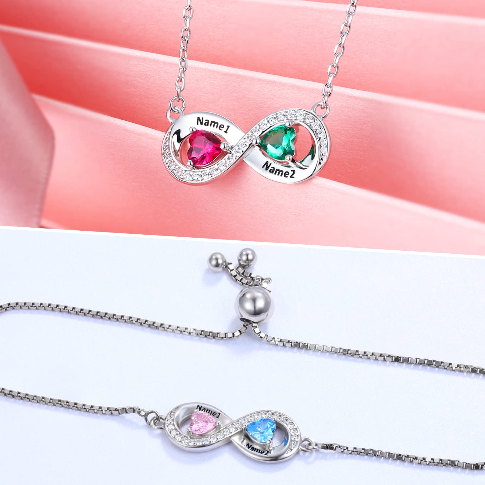 Personalized Infinity Necklace Bracelets Sets - Sterling Silver Customized Love Heart - Shape Birthstones with 2 Names Infinity Pendant Adjustable Personalized Mother Daughter Jewelry Gifts for Her