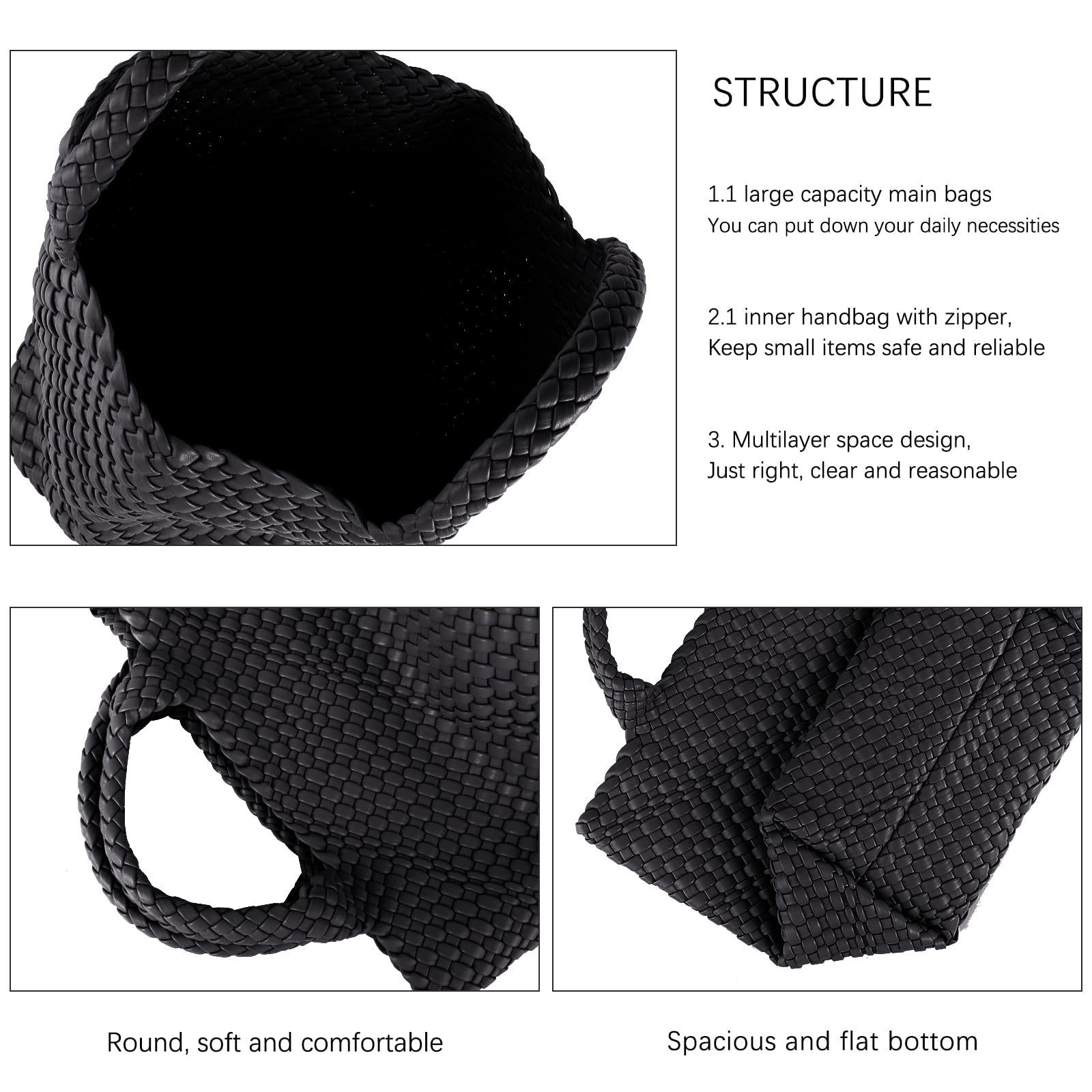 Woven Tote Bag, Women Macaron Soft Leather Weave Handbag Purse Wrist Bag Large Capacity Work Shopping Travel Daily (Black)