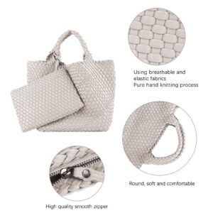 Woven Tote Bag, Women Macaron Soft Leather Weave Handbag Purse Wrist Bag Large Capacity Work Shopping Travel Daily (Beige)