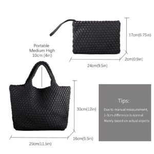 Woven Tote Bag, Women Macaron Soft Leather Weave Handbag Purse Wrist Bag Large Capacity Work Shopping Travel Daily (Black)