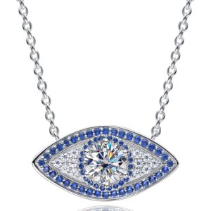 CannyCat Moissanite Evil Eye Pendant Necklace 1.2 CTTW D color VVS Moissanite and Sapphire Necklaces Lab Created Diamond Platinum Plated Sterling Silver Chain 16”+2” Lucky Gift for Women