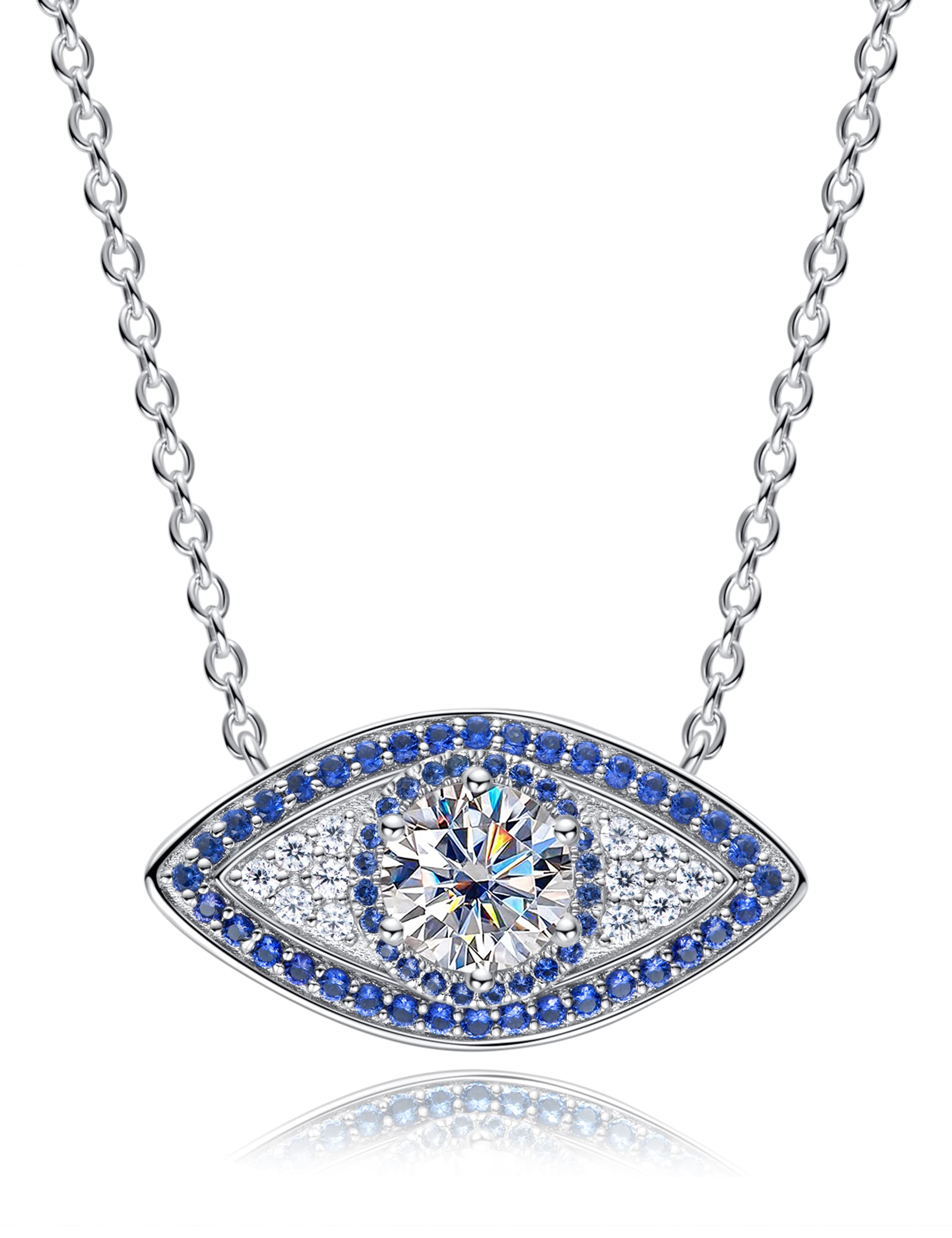 CannyCat Moissanite Evil Eye Pendant Necklace 1.2 CTTW D color VVS Moissanite and Sapphire Necklaces Lab Created Diamond Platinum Plated Sterling Silver Chain 16”+2” Lucky Gift for Women