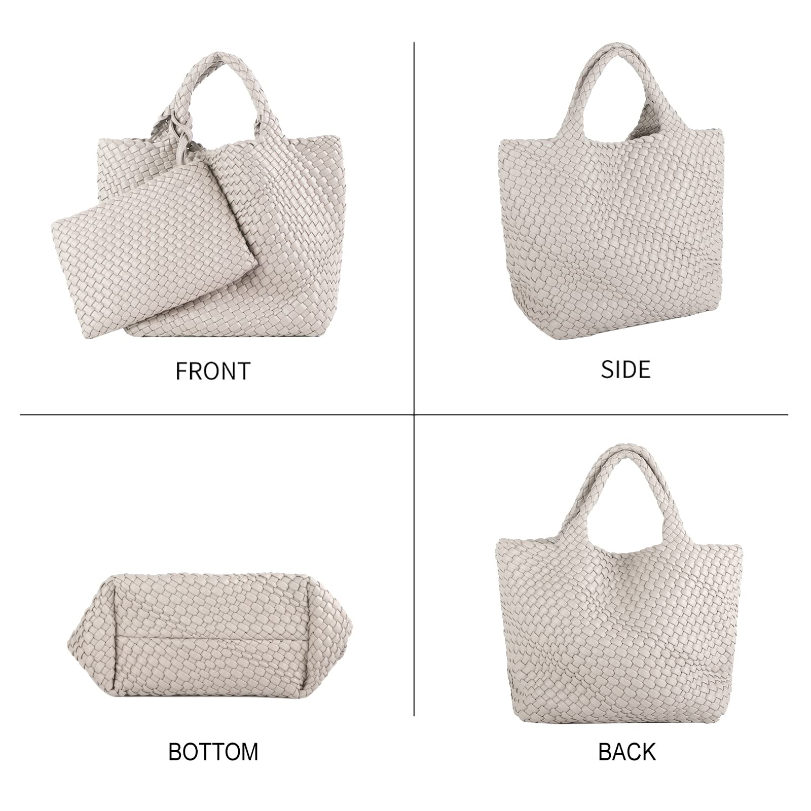 Woven Tote Bag, Women Macaron Soft Leather Weave Handbag Purse Wrist Bag Large Capacity Work Shopping Travel Daily (Beige)