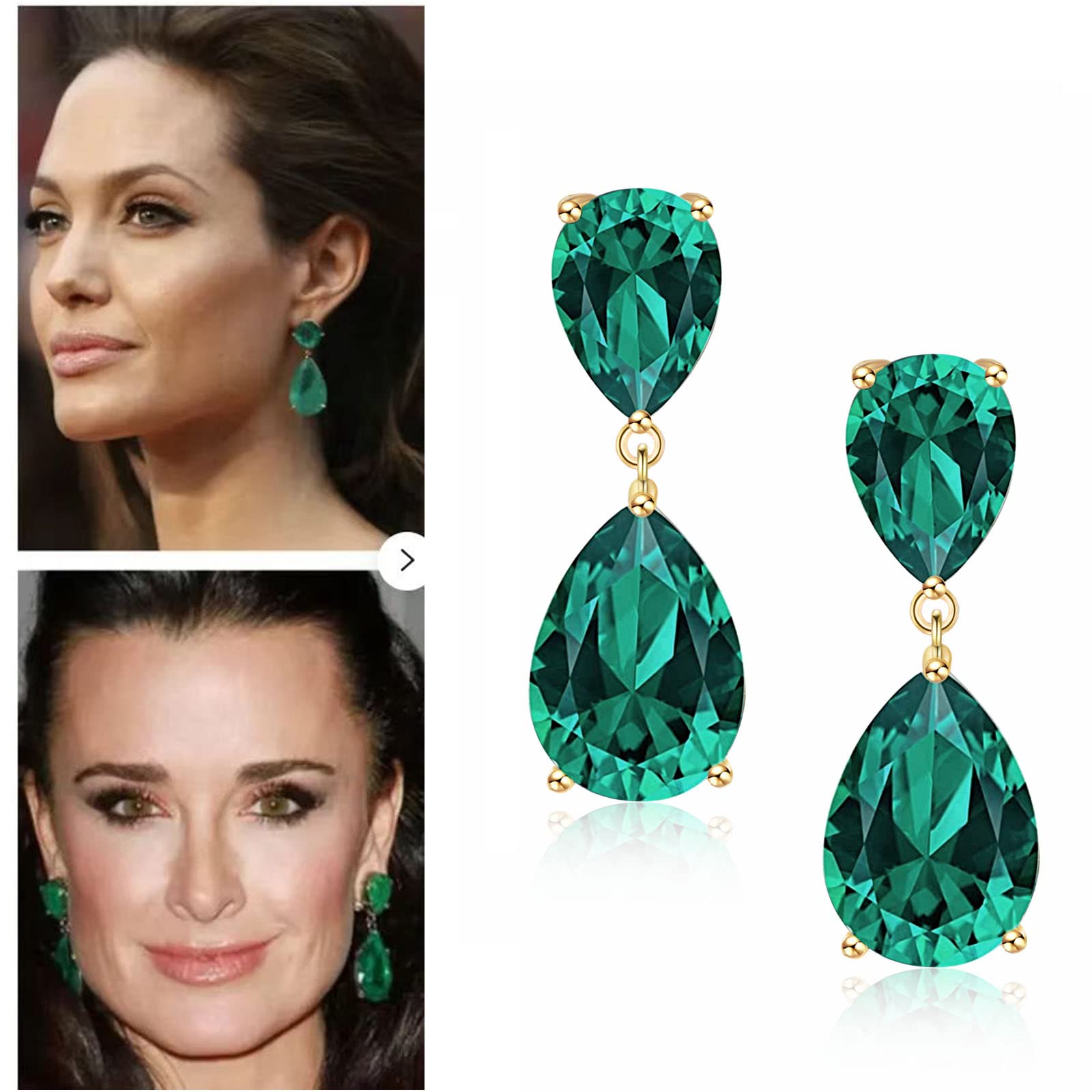 Emerald Earrings Green Large Emerald green Teardrop Drop Estate Style Earrings for Women Rhinestone Crystal Fashion Prom Wedding Waterdrop Dangle Earrings