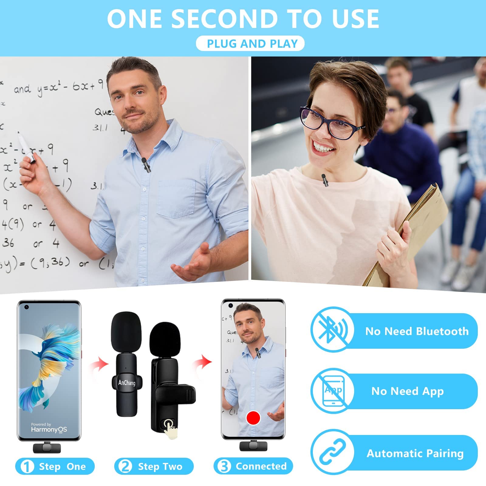 Wireless Lavalier Microphone USB C Plug-Play Wireless Microphones Noise Reduction Mini Microphone for Android Phone Lapel Mic for Recording Live Streaming YouTube TikTok Interview Vlog (2 Pack)