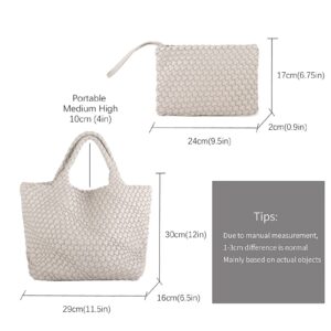 Woven Tote Bag, Women Macaron Soft Leather Weave Handbag Purse Wrist Bag Large Capacity Work Shopping Travel Daily (Beige)