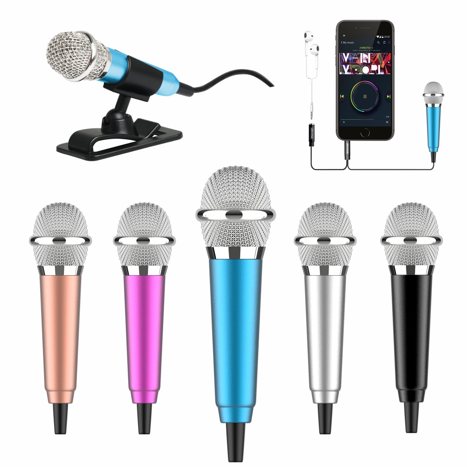 Wootrip Mini Microphone, Karaoke Tiny Microphone for Voice Recording Interview, Portable Small Singing Mic 3.5mm Plug with Stand Suitable for Android Phone,iPhone,iPad, Laptop (Blue)